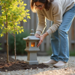 Femme plantant un jeune érable dans un jardin zen