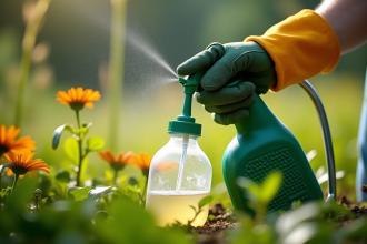 Personne versant un anti-mauvaises-herbes naturel dans un spray