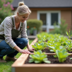 Femme de jardinage mesurant des plants de légumes