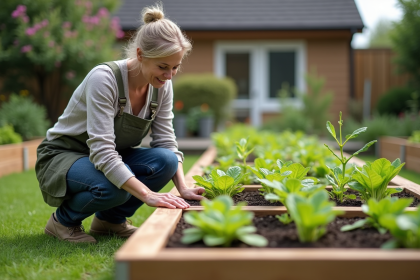 Femme de jardinage mesurant des plants de légumes
