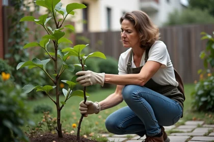 Femme inspectant un figuier dans un jardin urbain