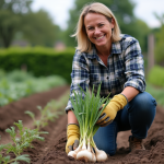 Femme récoltant des échalotes dans son jardin