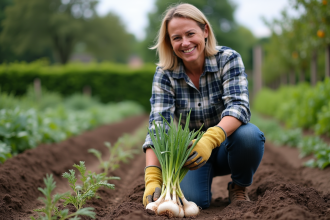 Femme récoltant des échalotes dans son jardin
