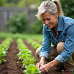 Femme en jardinage plantant des jeunes laitues dans un potager