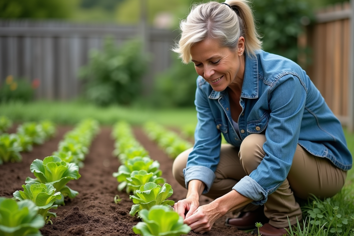 Femme en jardinage plantant des jeunes laitues dans un potager