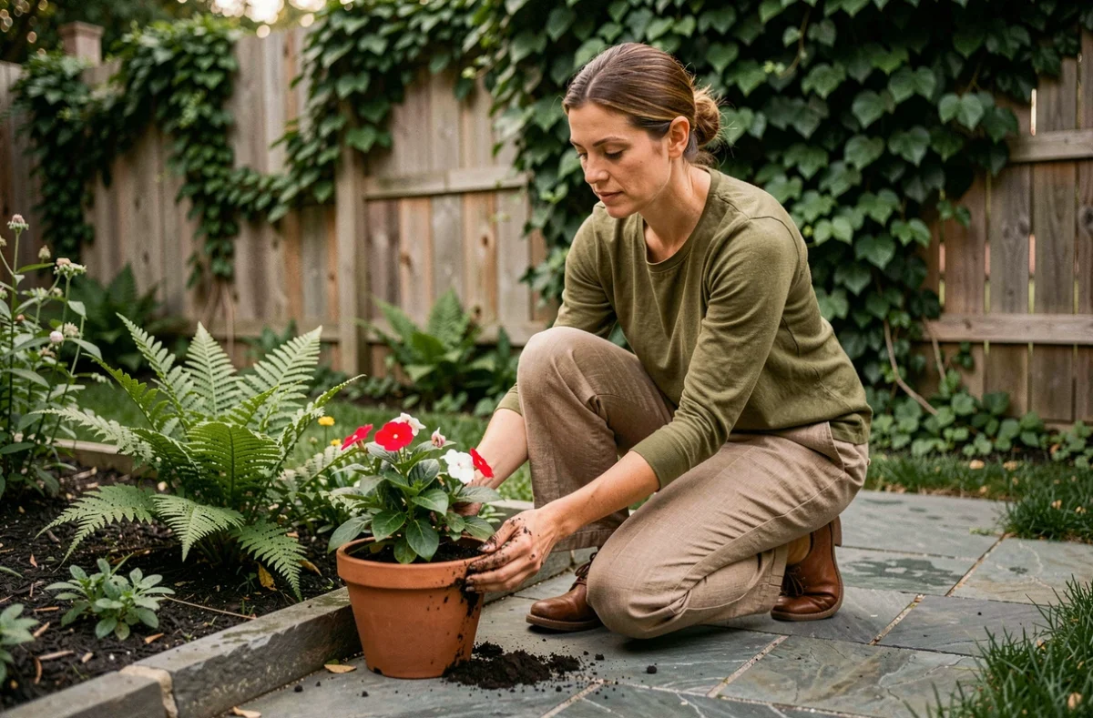 Jardinière plantant des impatiens et fougères dans un massif ombragé en mai