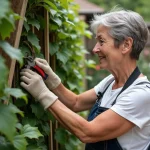 Femme moyenne âge prune un jasmin étoilé dans son jardin