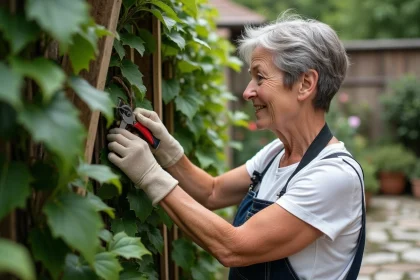 Femme moyenne âge prune un jasmin étoilé dans son jardin