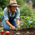 Femme en jardinage plantant une courgette dans le jardin