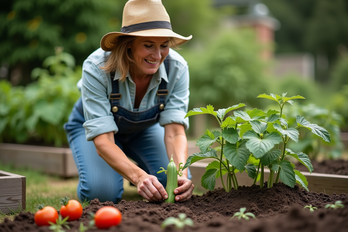 Femme en jardinage plantant une courgette dans le jardin