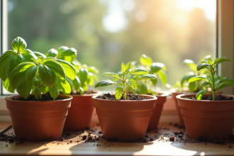Jardinage ensoleille sur une fenetre avec herbes en pot