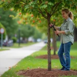 Femme en jardinage urbain taillant un arbre crepe myrtle