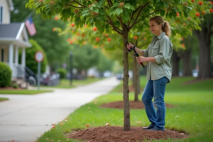 Femme en jardinage urbain taillant un arbre crepe myrtle