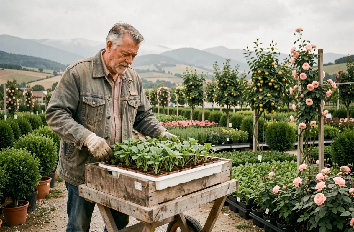 Homme chargeant des plants de légumes sur un chariot dans la section extérieure d'une jardinerie en Auvergne-Rhône-Alpes avec des collines en arrière-plan