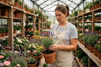 Femme examinant une plante en pot dans une jardinerie en Auvergne-Rhône-Alpes avec des rangées de végétaux colorés en arrière-plan
