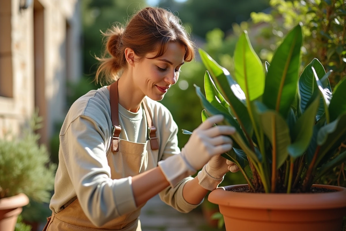 Jardinière inspectant les feuilles de laurier rose en pot pour identifier des pucerons ou autres parasites