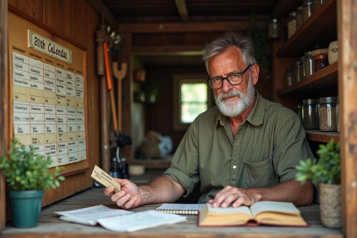 Jardinier consultant un calendrier de semis de tomates dans un cabanon de jardin