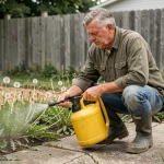 Jardinier utilisant un désherbant chimique radikal sur les mauvaises herbes d'un chemin de jardin en béton fissuré
