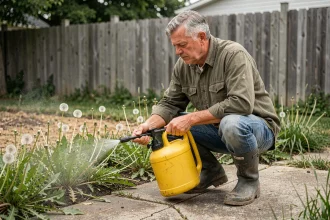 Jardinier utilisant un désherbant chimique radikal sur les mauvaises herbes d'un chemin de jardin en béton fissuré