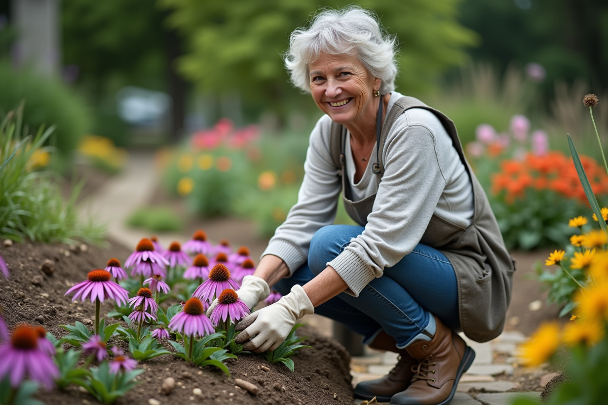 Femme d'âge moyen dans un jardin coloré en train de soigner des echinaceas violets