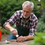 Homme jardinier mesurant Roundup dans un petit gobelet