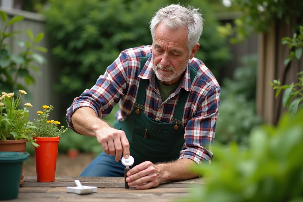 Homme jardinier mesurant Roundup dans un petit gobelet