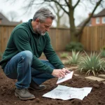 Homme moyenâgeux esquissant un plan de jardin dans son espace en travaux