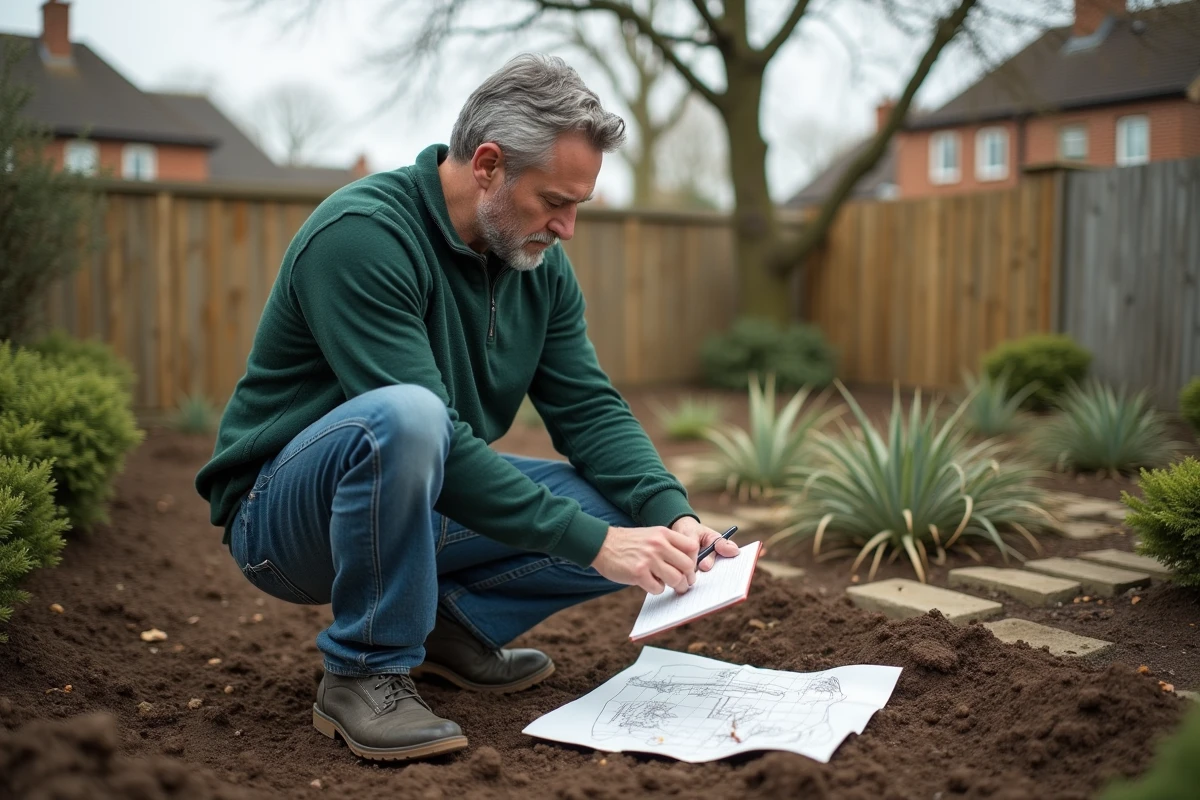 Homme moyenâgeux esquissant un plan de jardin dans son espace en travaux