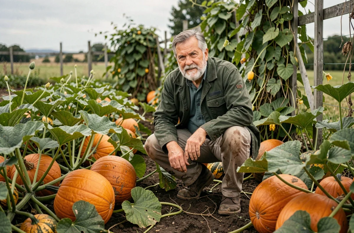 Jardinier senior accroupi dans un potager parmi des pieds de citrouilles et de coloquintes en pleine production
