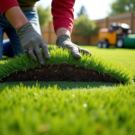 Jardinier soulevant une section de gazon naturel pour poser du gazon artificiel
