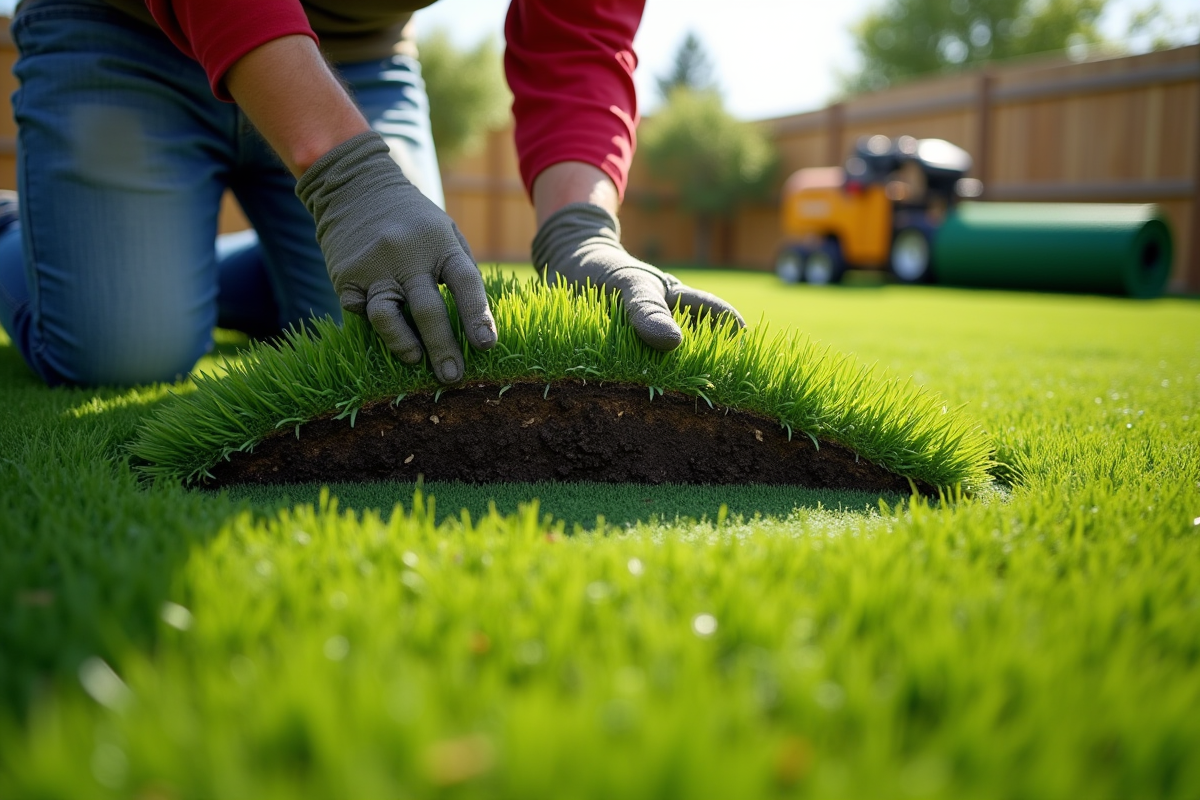 Jardinier soulevant une section de gazon naturel pour poser du gazon artificiel