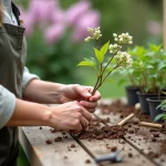 Femme en jardinage avec branche de lilas fraîche