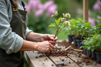 Femme en jardinage avec branche de lilas fraîche