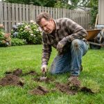 Homme jardinier inspectant un sol irrégulier dans le jardin