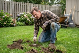 Homme jardinier inspectant un sol irrégulier dans le jardin
