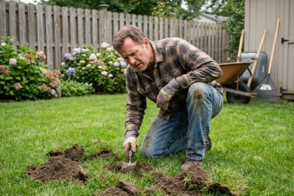 Homme jardinier inspectant un sol irrégulier dans le jardin