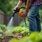 Homme jardinier pulvérisant un fongicide dans un jardin luxuriant