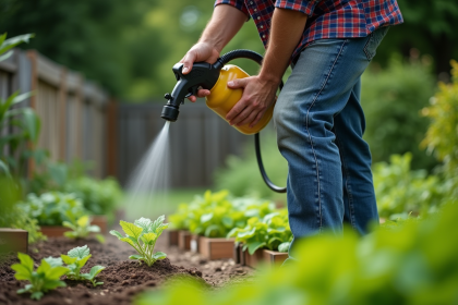 Homme jardinier pulvérisant un fongicide dans un jardin luxuriant