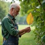 Jardinier inspectant une feuille jaunie d'un mûrier dans un parc urbain