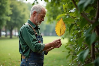 Jardinier inspectant une feuille jaunie d'un mûrier dans un parc urbain