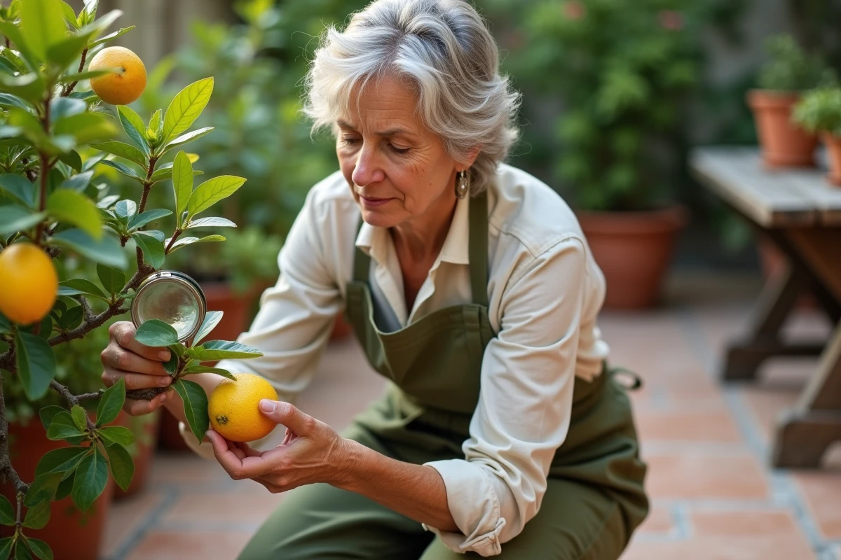 Jardinière inspectant de près les feuilles malades d'un citronnier en pot sur une terrasse provençale