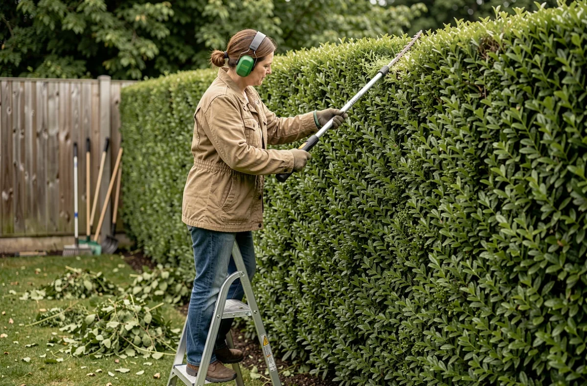 Jardinière professionnelle sur escabeau taillant le dessus d'une haie de troène trois faces