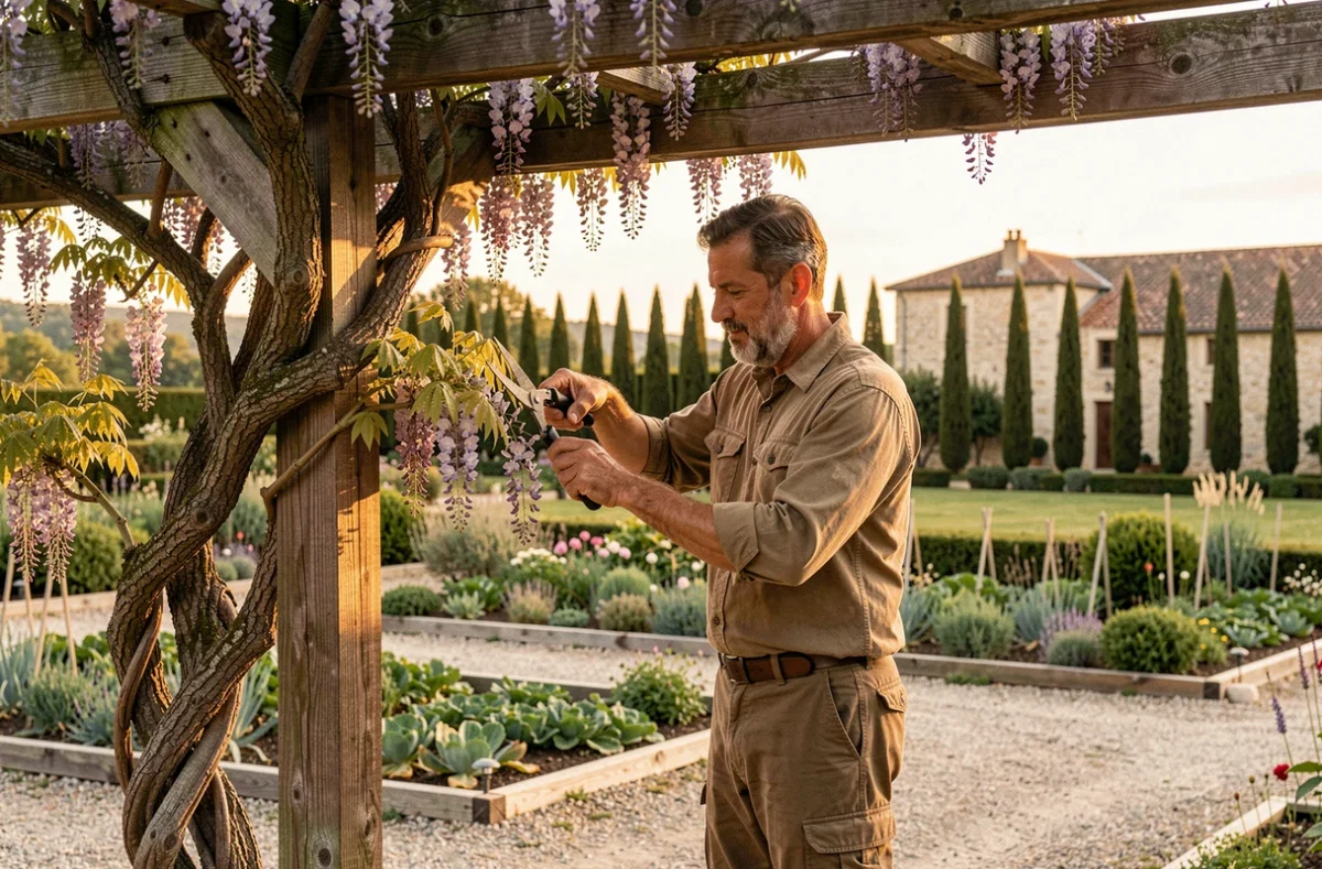 Paysagiste des Jardins du Sud-Ouest taillant une glycine ancienne sur une pergola en chêne devant une ferme en pierre dans le Sud-Ouest