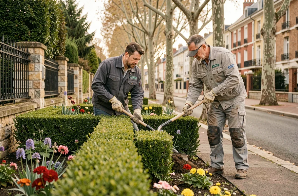 Ouvriers paysagistes de l'entreprise Les Jardins Parisiens taillant des haies à Noisy-le-Sec