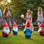 Groupe d'adultes jouant au jeu du nain de jardin géant dans un jardin lors d'une soirée d'été conviviale