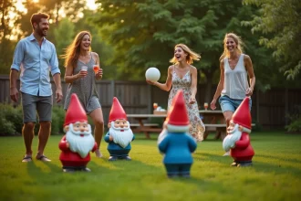 Groupe d'adultes jouant au jeu du nain de jardin géant dans un jardin lors d'une soirée d'été conviviale