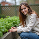 Jeune femme cueillant du persil dans un jardin en plein air
