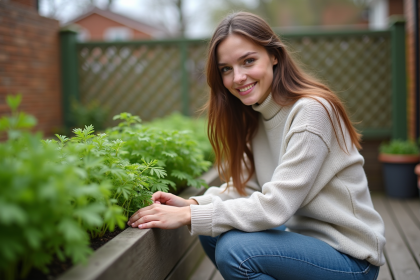 Jeune femme cueillant du persil dans un jardin en plein air