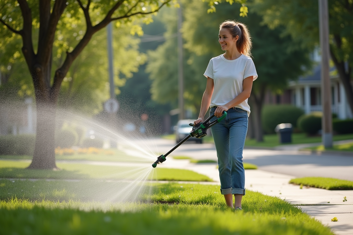 Jeune femme utilisant un arroseur sur la pelouse