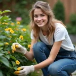 Jeune femme inspectant une feuille de laurier rose dans son jardin